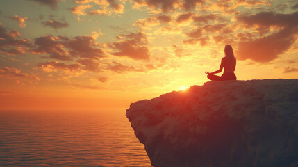A person sits in a yoga meditation pose on a high cliff overlooking the ocean during a peaceful orange sunset.