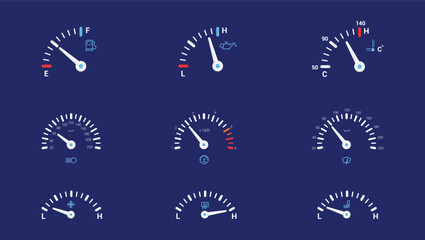 Set of isolated car or moto, truck speedometer.