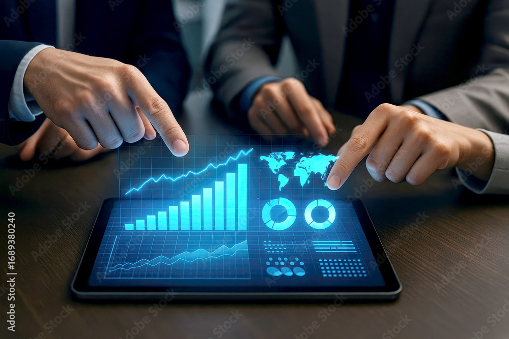 Aufkleber two businessmen pointing at a tablet displaying a holographic financial chart with world map and dat