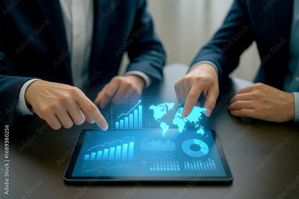 Poster two businessmen pointing at tablet displaying global financial data charts and world map finance ana
