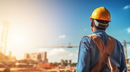 A construction worker wearing a yellow hard hat and blue shirt, standing on a construction site with a crane in the background.
