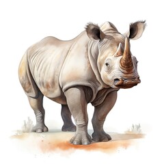 Obraz premium A large adult white rhinoceros is depicted standing on a light brown ground with sparse, dry-looking vegetation, facing forward with its horn clearly visible.