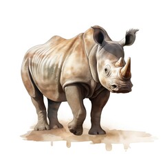 Obraz premium A detailed watercolor-style illustration shows a large adult white rhinoceros standing on light brown ground, facing forward.