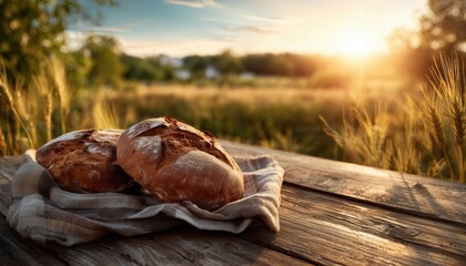 Fresh bread rests on a wooden board. Wheat glows in the sunset light.