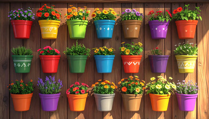 A vibrant collection of colorful flower pots with a variety of blooming flowers and green plants arranged as a vertical garden on a sunlit wooden wall