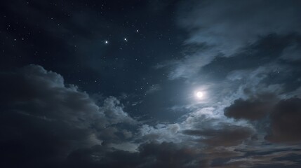 Obraz premium Night sky with bright moon and starlight peaking through dark, layered cloud formations