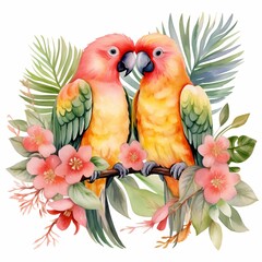 Fototapeta premium A watercolor painting shows two sun conures, positioned closely together on a branch, surrounded by vibrant pink blossoms and tropical foliage.