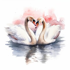 Fototapeta premium This watercolor painting depicts two white swans with brown necks creating a heart shape while floating on calm water with their reflections visible, all against a soft pink and white background.