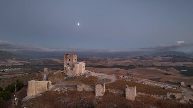 castillo de la estrella en el municipio de Teba visto desde un dron al atardecer, Andaluc&iacute;a	