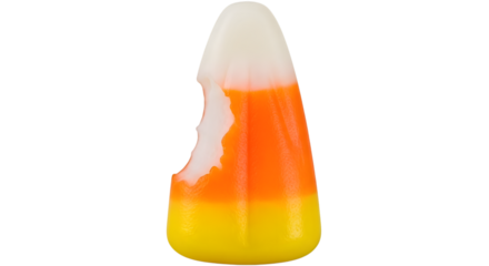 Single candy corn with a bite taken out of it isolated on transparent background