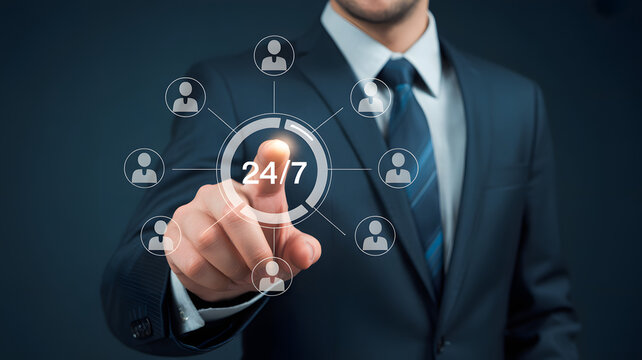 Uninterrupted Service: A sharply dressed individual in a sophisticated business suit reaches out to activate a glowing user interface representing constant, round-the-clock service and human support.