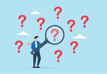 Businessman holds magnifying glass to analyze question marks, illustrating problem analysis. Concept of investigating root cause or incident, identifying threat or uncertainty, and finding solutions