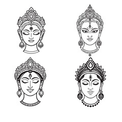  Detailed Goddess Durga Face Vector Set. An intricate and detailed monochrome vector set of Goddess Durga's face. 