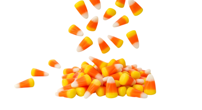 Candy corn isolated on transparent background, with some pieces falling and others forming a pile, showcasing the iconic halloween treat