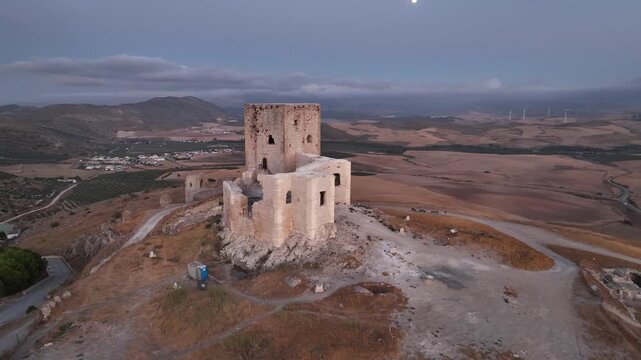castillo de la estrella en el municipio de Teba visto desde un dron al atardecer, Andaluc&iacute;a