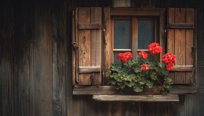 Red flowers bloom in a wooden window box. Rustic shutters frame the scene.