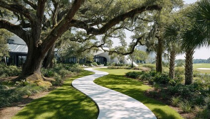 Naklejka premium Winding white path through lush landscaping, shaded by large trees, leading to modern architecture