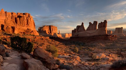Scenic Desert Landscape with Red Rock in Arches National Park at Sunset: Explore Rugged Sandstone Formations and Natural Beauty with Adventurous Photography and Hiking Trails