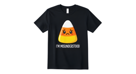 Cute sad candy corn tshirt design with text im misunderstood, isolated on transparent background