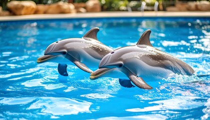 Fototapeta premium Two dolphins leaping in a pool