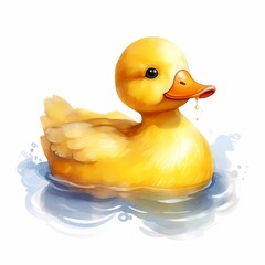 Fototapeta premium A digitally painted illustration shows a single yellow duckling swimming in clear blue water, a drop of water hanging from its beak.