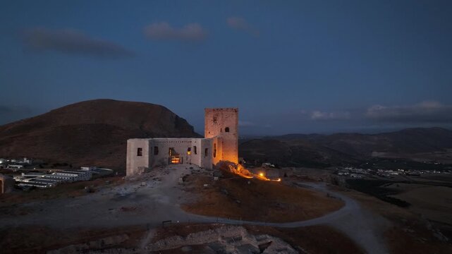 castillo de la estrella en el municipio de Teba visto desde un dron al atardecer, Andaluc&iacute;a