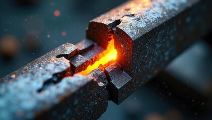 Close-up shot of a fractured metal component exhibiting a clear stress concentration point, highlighting the weakened area prone to failure , fatigue, non-destructive testing, yield strength