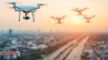 Drones Hovering Over Urban Landscape at Sunset