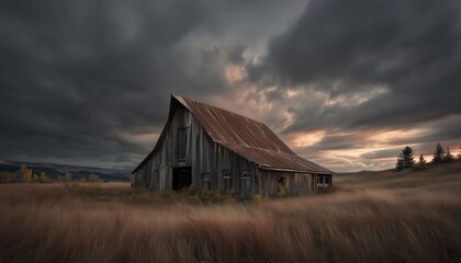 Old barn stands alone in a field. Dark clouds gather above at dusk.