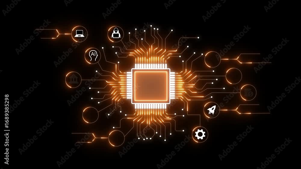 Poster glowing orange circuit board microchip connections data flow futuristic technology abstract. circuit
