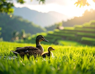 Two ducks in a grassy field at sunset, serene mountain backdrop