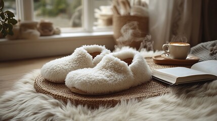 Lazy Sunday morning vibe with plush slippers a breakfast tray a book and a steaming coffee cup inviting relaxation and self care