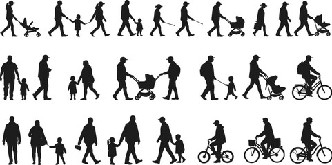 Silhouettes of walking family with children, stroller, father cycling, parenting moments, urban lifestyle, active movement, healthy family, casual stroll, outdoor activity, vector illustration