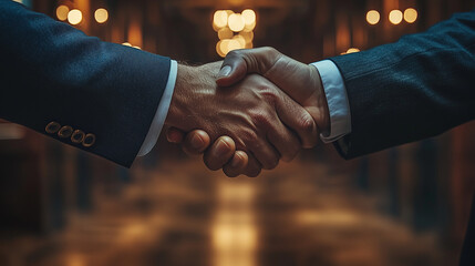 Two business people shaking hands, symbolizing successful partnership, agreement, and mutual trust in a formal setting.