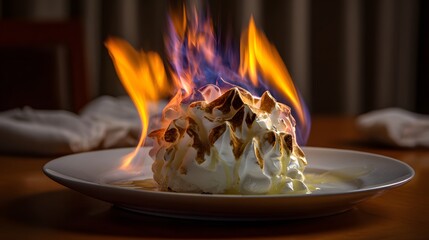 Flaming Bananas Foster Dessert Meringue: Culinary Art in Gourmet Presentation with Fire, Caramelized Cream, and Aesthetic Appeal at Luxury Fine Dining Restaurant