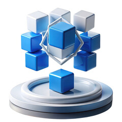 Obraz premium Abstract arrangement of blue and white cubes on a pedestal isolated on transparent background