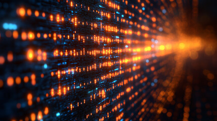 A futuristic digital grid of bright orange and blue glowing lights shows data streams moving forward on a dark background.