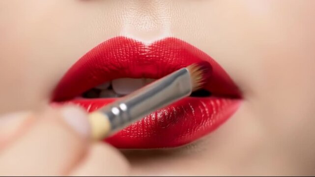 Closeup of a womans full lips with vibrant red lipstick being applied by a makeup brush