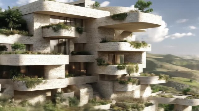 A modern, stone-faced building with terraced gardens, perched atop a valley, offers breathtaking views.