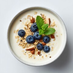 Creamy yogurt parfait topped with blueberries, almonds, and granola