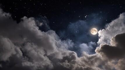 Obraz premium Night scene showing a full moon shining through the clouds with a starlit sky above