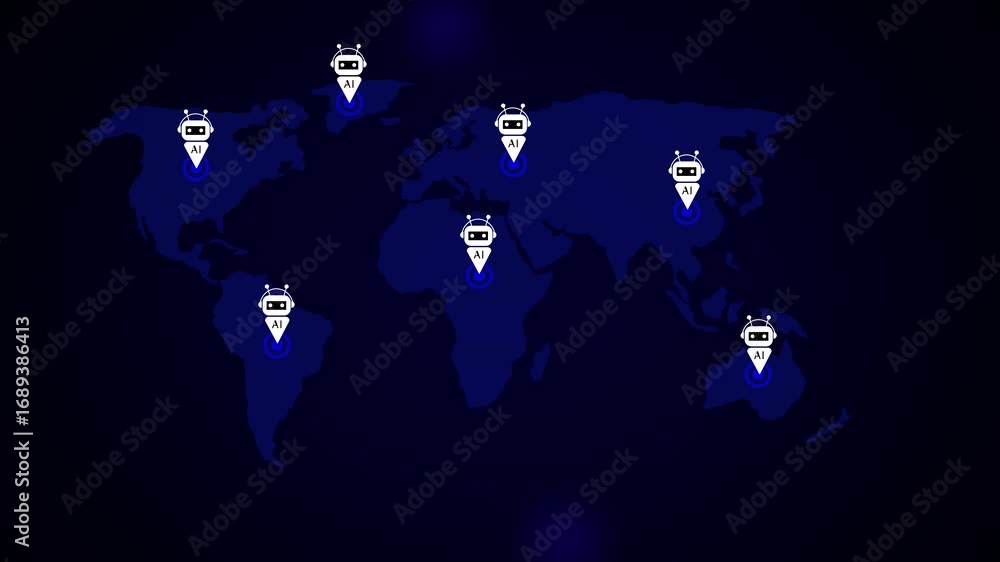 Poster global network connections digital world map with glowing blue location markers. ai icon placed like