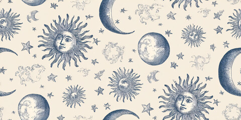 Celestial Seamless Pattern with Sun, Moon, and Stars in Vintage Engraving Style for Astrology and Mystical Designs