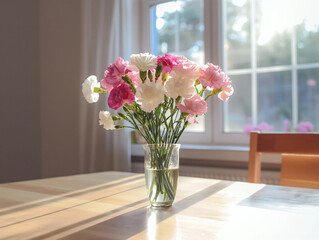 Fototapeta premium 窓辺に咲くカラフルなカーネーションの花瓶