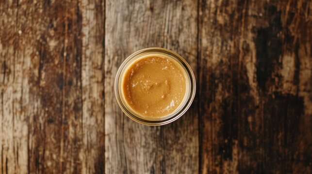 Creamy peanut butter in a clear glass jar on a rustic wooden table