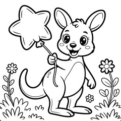 Cute cartoon kangaroo holding a star balloon in a garden