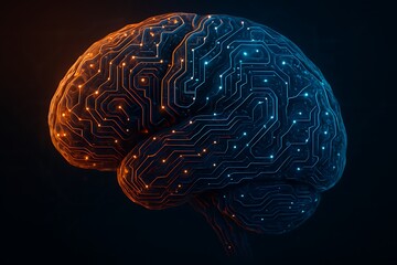 Futuristic digital brain circuit glowing with warm and cool hues symbolizing ai and technology