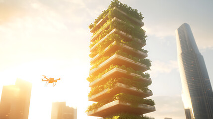 Vertical Garden Tower with Drone in Urban Skyline