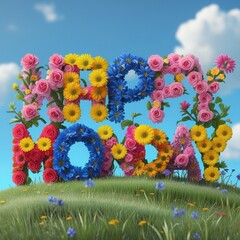 word " Happy Monday" made with flowers. floral background. spring flowers in grass.