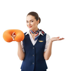 A smiling flight attendant holding an orange neck pillow.